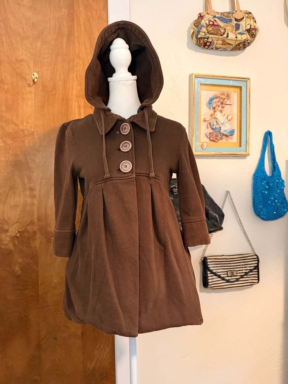 O'Neill Brown Hooded Peacoat Jacket with Plaid Lining
